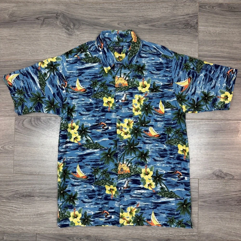 Vintage Cherokee Hawaiian Shirt Ocean Palm Trees Hibiscus Cotton‎ Boys L 10/12